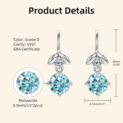 GRA Certified Moissanite Dangle Hook Earrings | D Color VVS1 | 925 Silver | Diamonds Grace