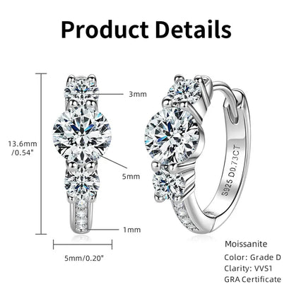 Moissanite Hoop Earrings | D Color Round Brilliant | 925 Sterling Silver | Diamonds Grace
