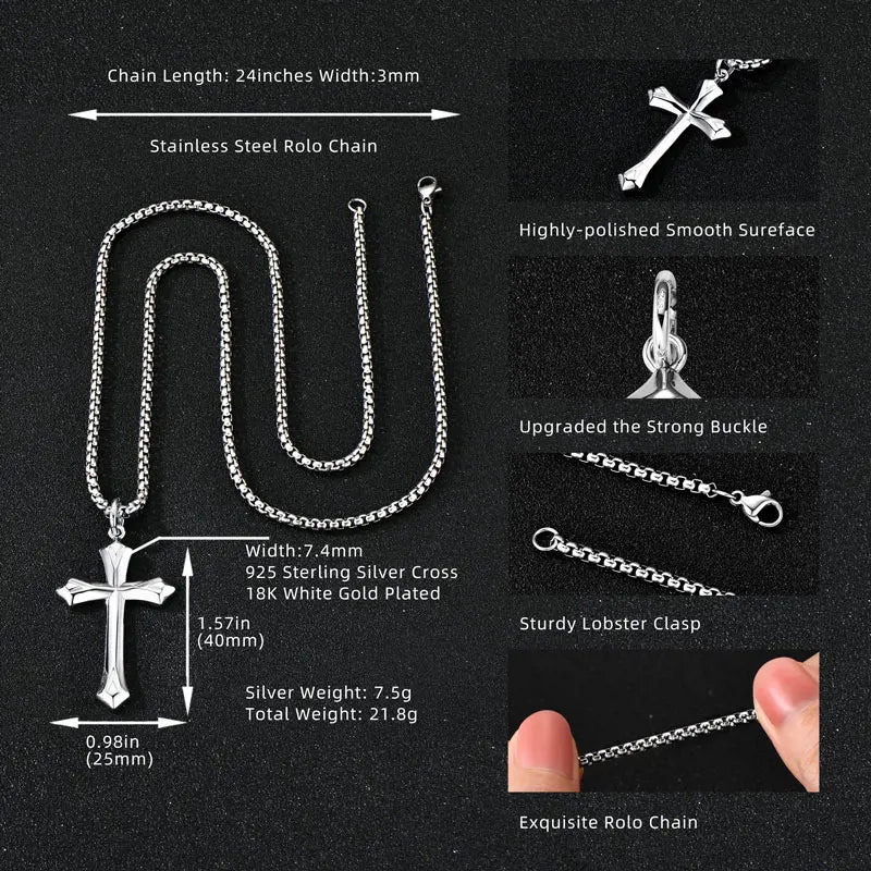 Matte Silver Gothic Cross Pendant Necklace | Baroque Crucifix | Unisex | Diamonds Grace