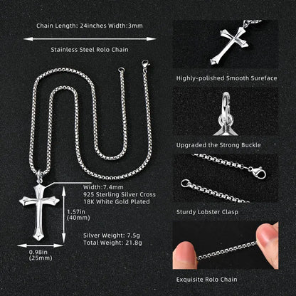 Matte Silver Gothic Cross Pendant Necklace | Baroque Crucifix | Unisex | Diamonds Grace
