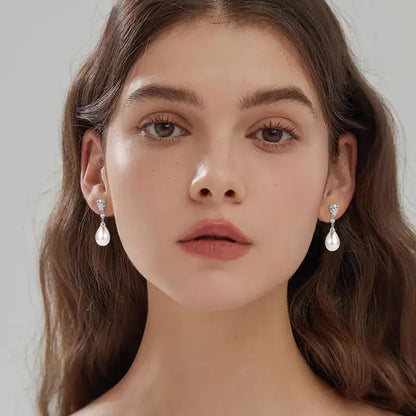 Pearl & Zirconia Drop Earrings | 925 Sterling Silver Teardrop | Diamonds Grace