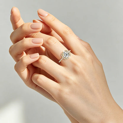 2ct Moissanite Engagement Ring | 8mm Square Halo 925 Sterling Silver | Diamonds Grace